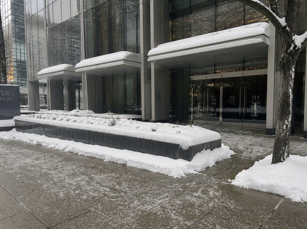 The same downtown Vancouver commercial entrance after snow removal, with the sidewalk and entry landing cleared, salted and snow banked to the edges